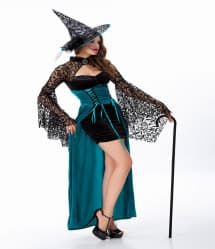 Halloween Masquerade Ball Lace Shawl Witch Long Dress With Hat Costume